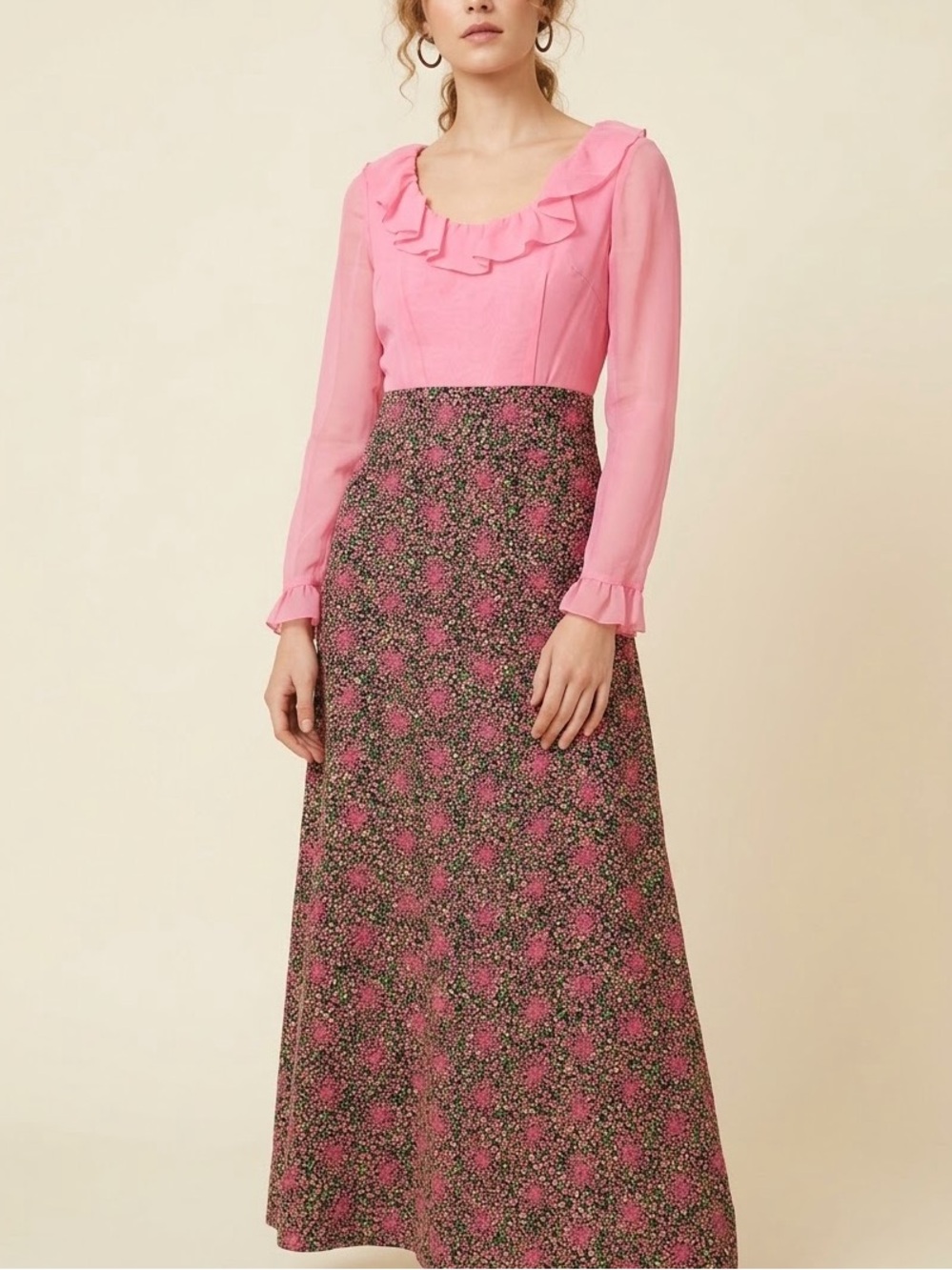 70s VTG Stephanie B Maxi Dress Cottagecore Prairie Ruffle Pink Floral Embroidery